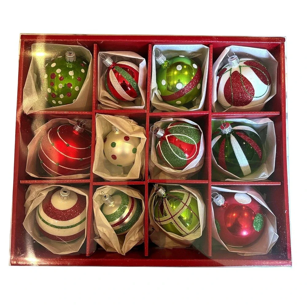 Crate and Barrel Glass Ornaments Set of 12 Red Green Glitter Handcrafted Czech